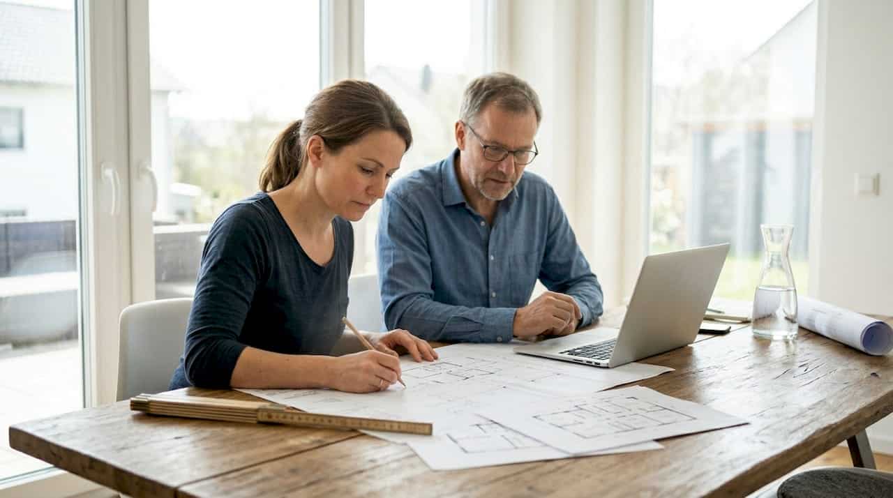 Zwei Menschen sitzen gemeinsam am Tisch und gehen Baupläne für ein Blockhaus durch.