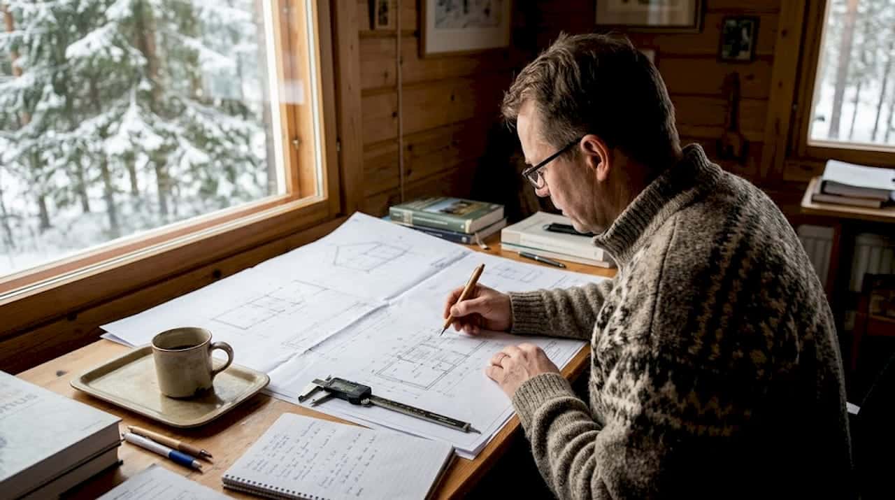 Man sitter hemma vid köksbordet och går igenom ritningarna till sitt framtida timmerhus.