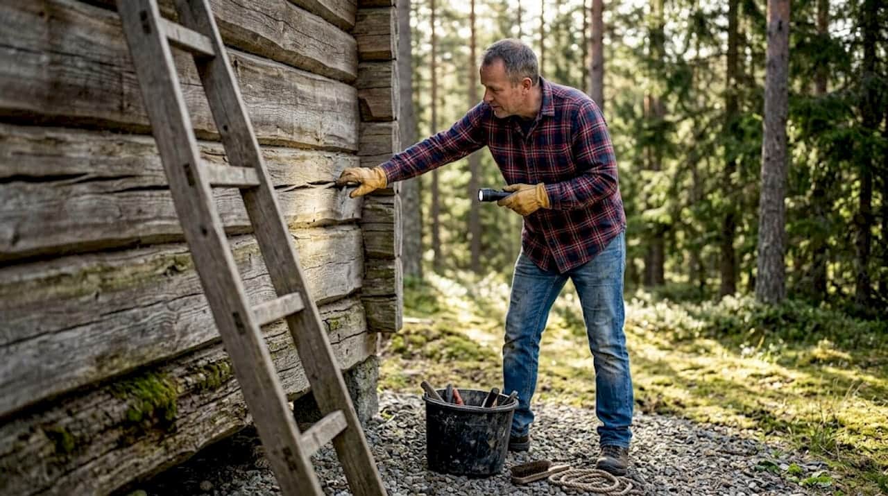 Huseieren inspiserer tømmerveggene utendørs for å sjekke tilstanden på treverket.