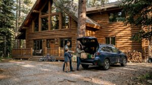 Log villa exterior with family unloading groceries
