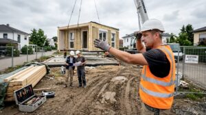 Ein Bauarbeiter koordiniert vor Ort den Aufbau eines modularen Hauses.
