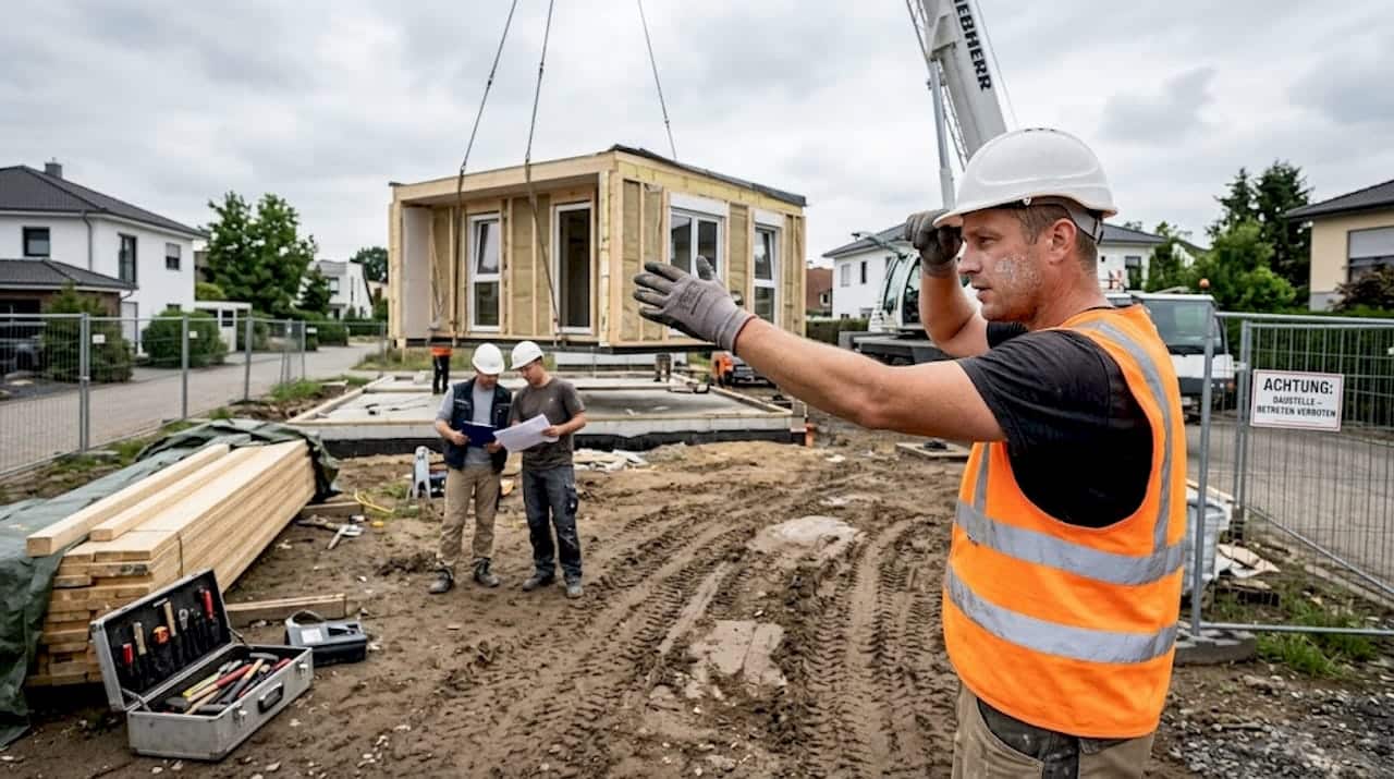Ein Bauarbeiter koordiniert vor Ort den Aufbau eines modularen Hauses.