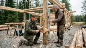 Carpenters building Finnish log house frame outdoors