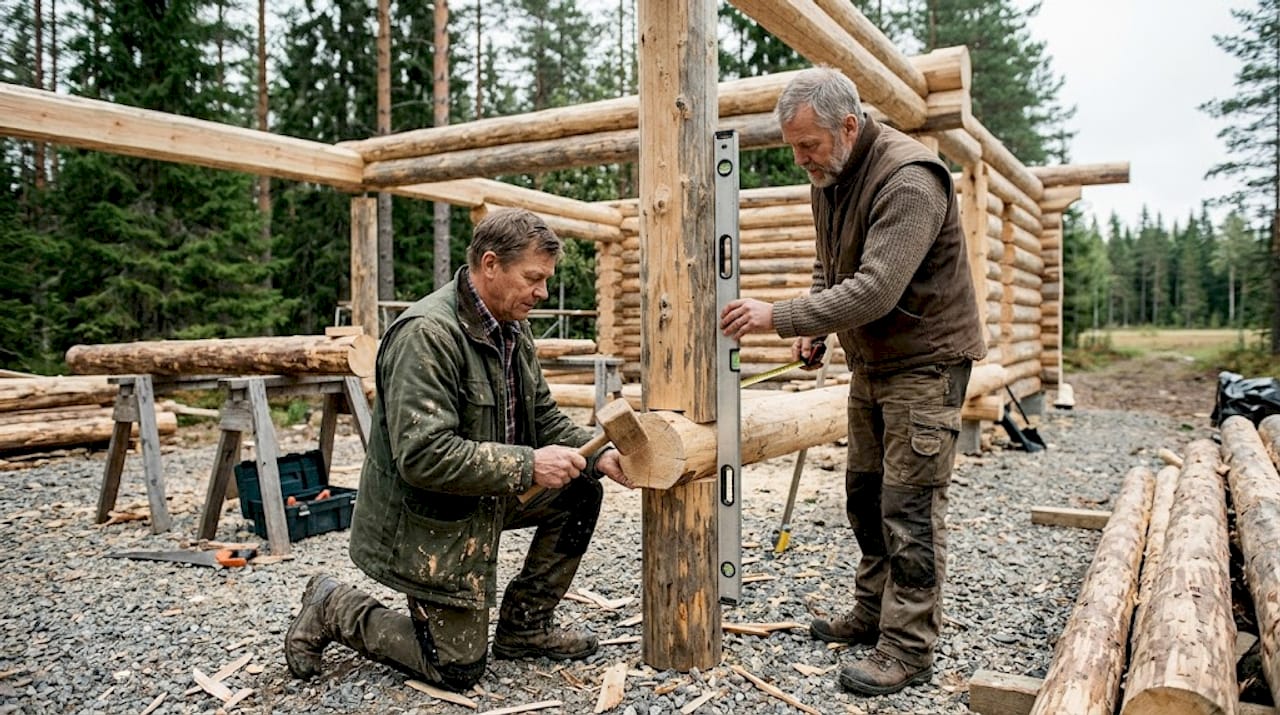Carpenters building Finnish log house frame outdoors