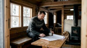 En mann ser gjennom byggeplaner i en tradisjonell finsk tømmerhytte.