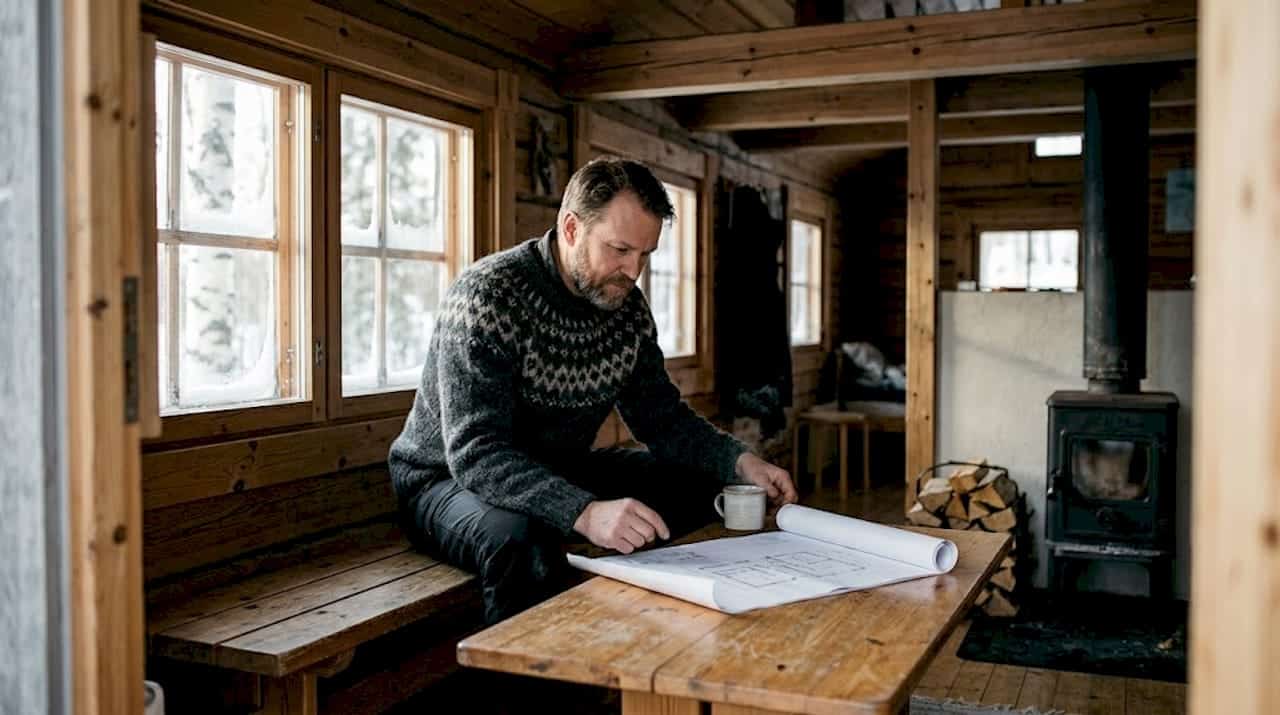 En mann ser gjennom byggeplaner i en tradisjonell finsk tømmerhytte.