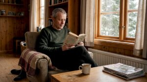 En man sitter uppkrupen i en mysig timrad stuga och läser en bok medan vintermörkret ligger tätt utanför.