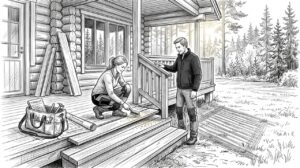 Pariskunta puuhailee uuden hirsitalonsa pihalla