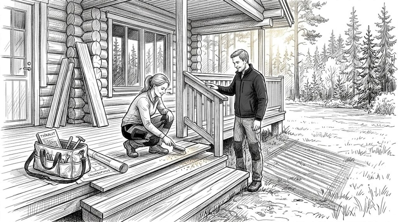 Pariskunta puuhailee uuden hirsitalonsa pihalla