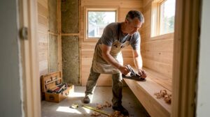 Carpenter building custom sauna interior craftsmanship