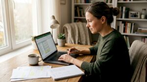 En kvinna sitter hemma och går igenom budgeten inför kommande byggprojekt.