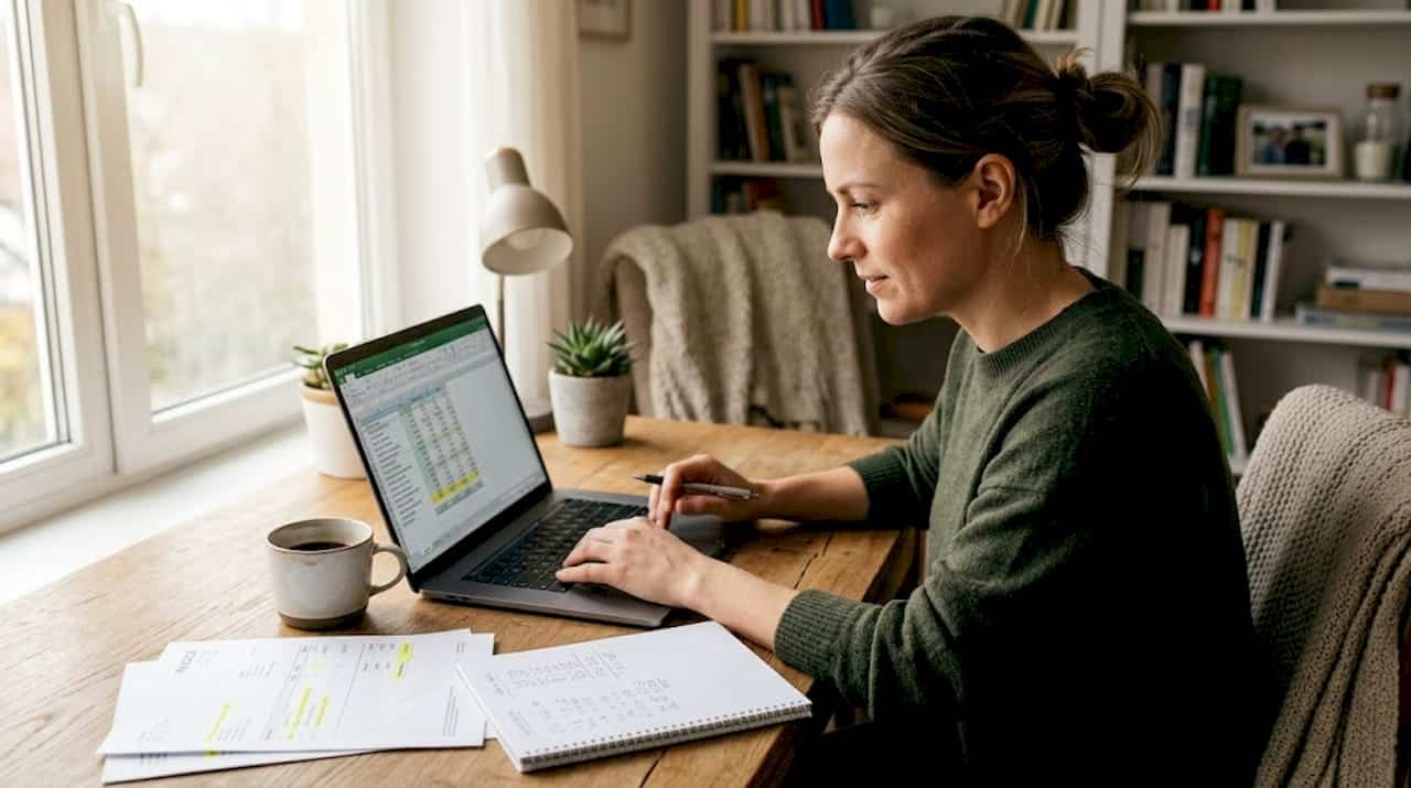 En kvinna sitter hemma och går igenom budgeten inför kommande byggprojekt.