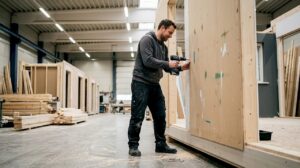 In der Produktionshalle setzt ein Techniker ein modulares Wandelement zusammen.