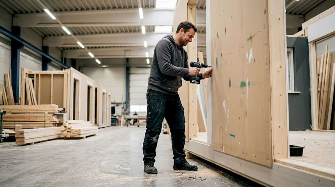 In der Produktionshalle setzt ein Techniker ein modulares Wandelement zusammen.