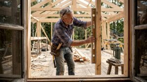 En snickare håller på att arbeta med träreglar ute på en byggarbetsplats.