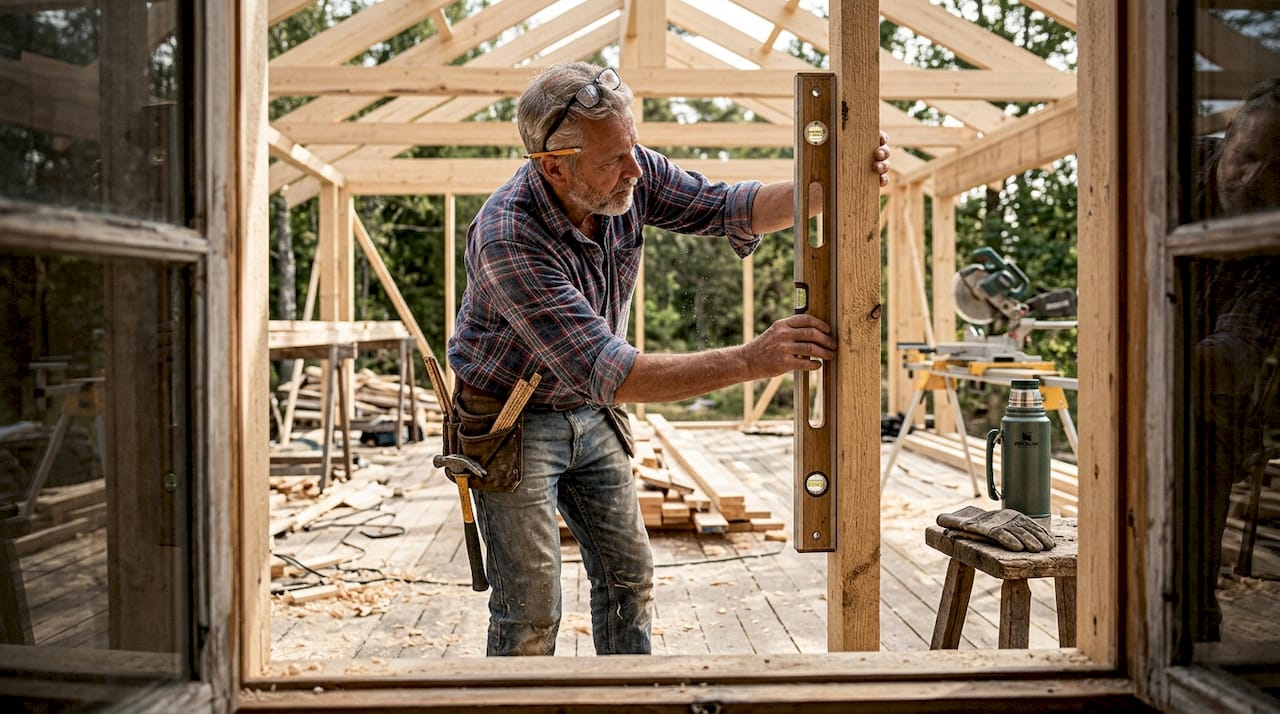 En snickare håller på att arbeta med träreglar ute på en byggarbetsplats.