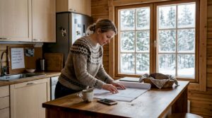 Homeowner reviewing building plans in timber house kitchen