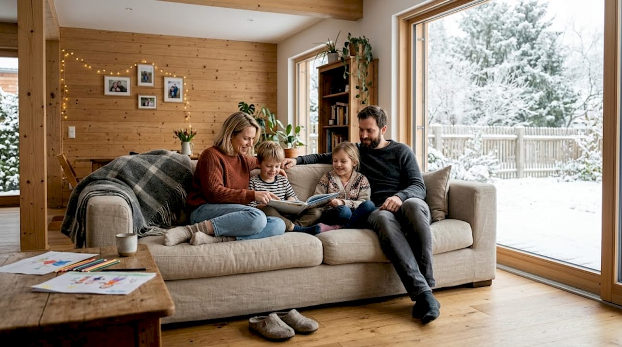 Eine Familie genießt einen entspannten Nachmittag im gemütlichen Wohnzimmer ihres Holzhauses.