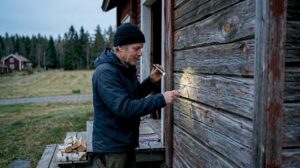 Man undersöker träpanelen på ett gammalt timmerhus