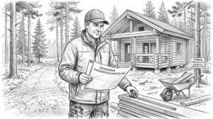 Rakentaja tarkastaa hirsimökin työmaan edistymistä.