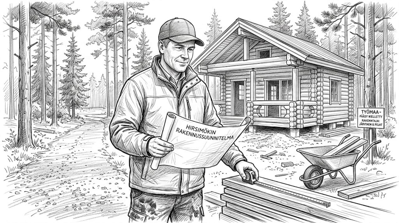 Rakentaja tarkastaa hirsimökin työmaan edistymistä.
