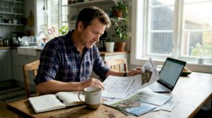 Planlegger tømmerhytte over en kopp kaffe på kjøkkenet