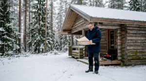 Architect surveying log home in snowy Finnish forest