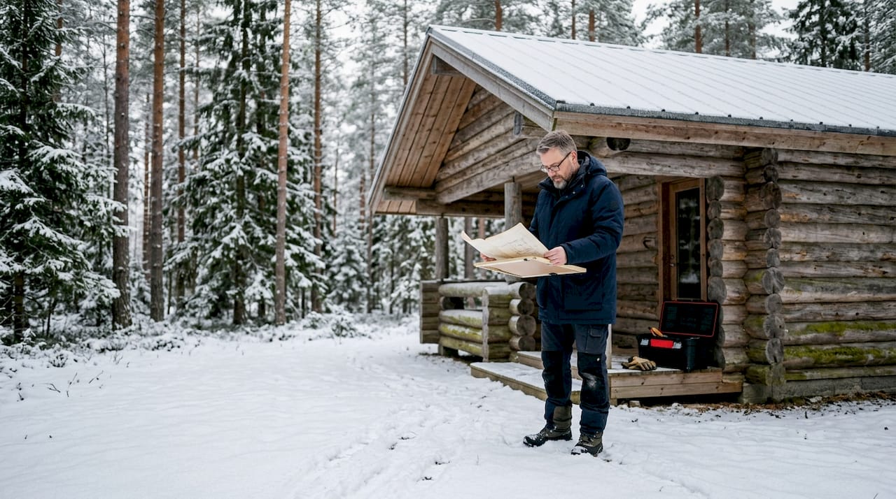 Architect surveying log home in snowy Finnish forest
