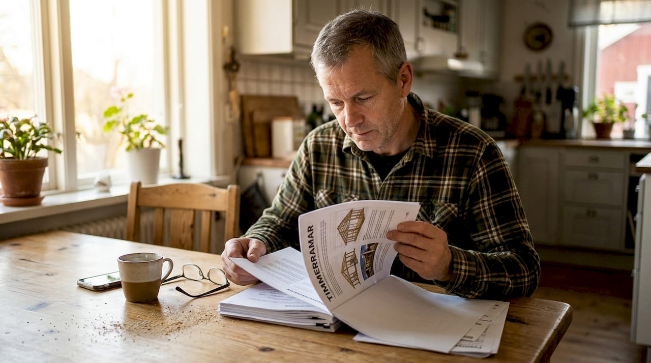 Man går igenom en informationsbroschyr om byggnation med timmerstomme.