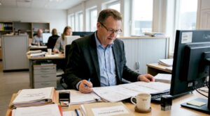 En byggesaksbehandler går gjennom byggesøknader og dokumentasjon på kontoret.