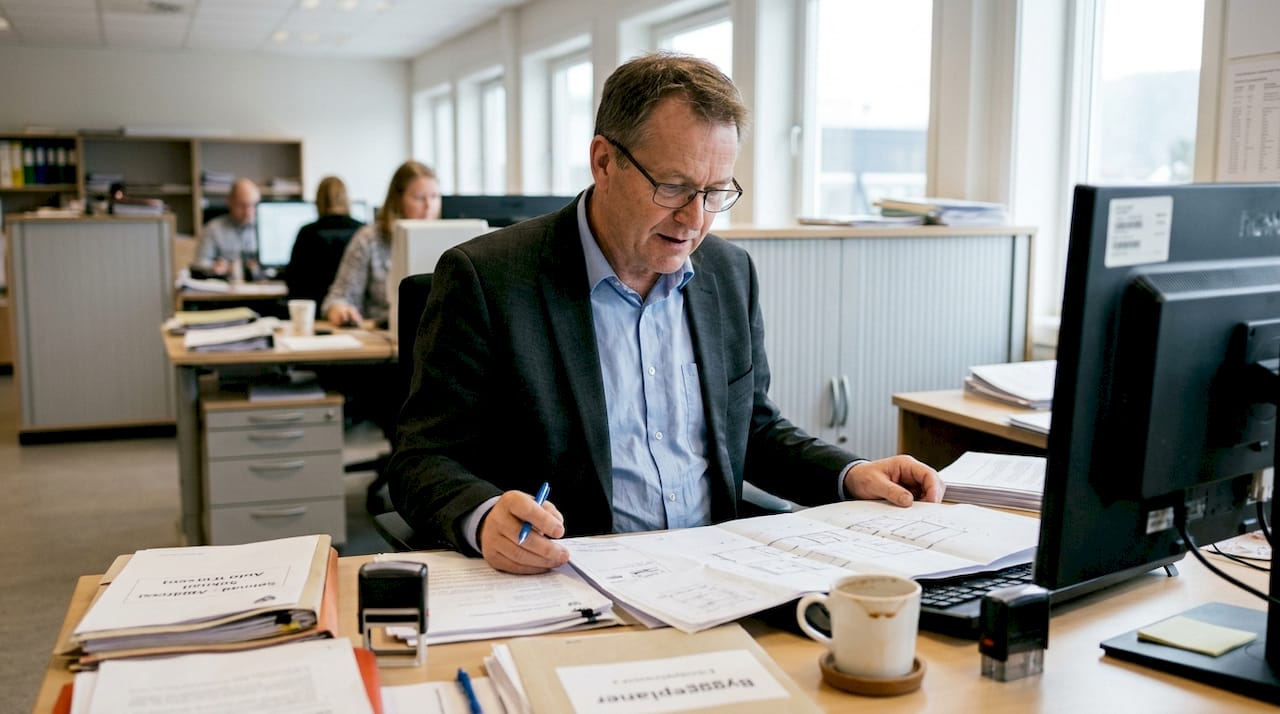 En byggesaksbehandler går gjennom byggesøknader og dokumentasjon på kontoret.