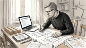 Arkkitehti käy kotitoimistollaan läpi rakennuslupahakemuksia.