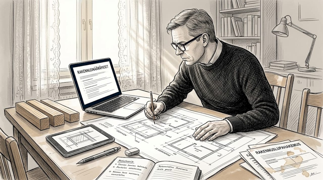 Arkkitehti käy kotitoimistollaan läpi rakennuslupahakemuksia.