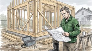 Puuseppä työn touhussa omakotitalon rakennustyömaalla