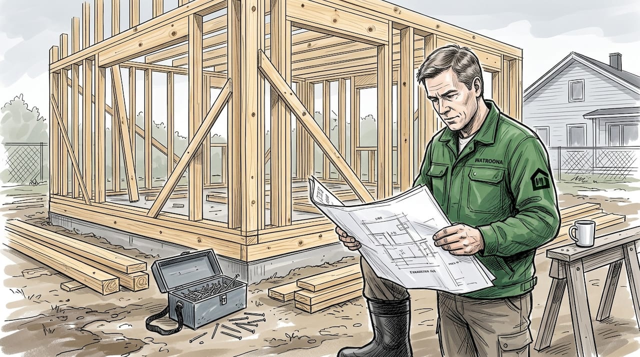 Puuseppä työn touhussa omakotitalon rakennustyömaalla