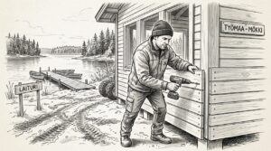 Mökkirakennuksen ulkoverhouksen viimeistely järven rannalla