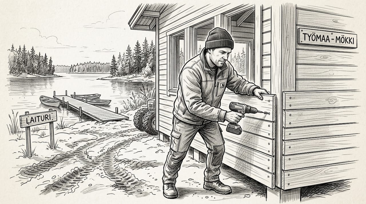 Mökkirakennuksen ulkoverhouksen viimeistely järven rannalla