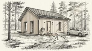 Pieni, nykyaikainen puutalo suomalaisella omakotialueella