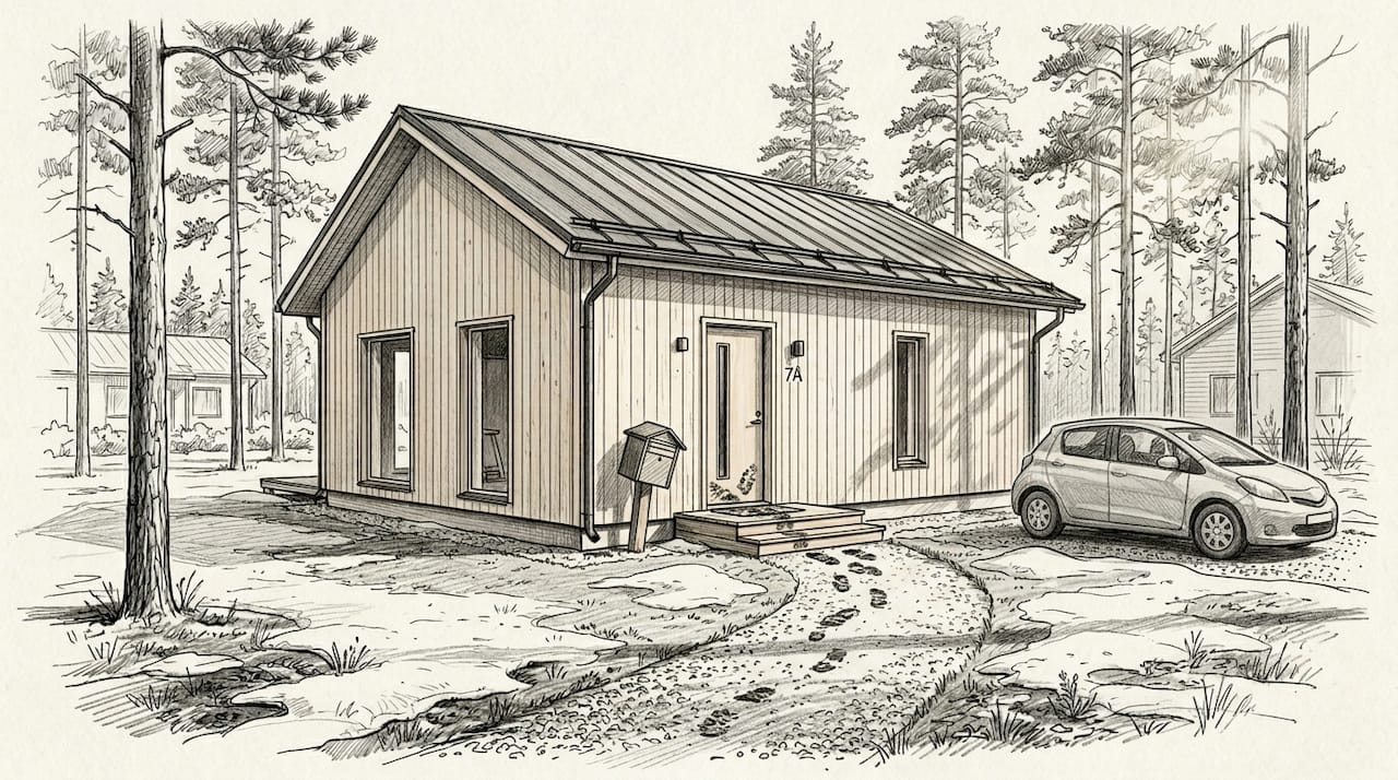 Pieni, nykyaikainen puutalo suomalaisella omakotialueella