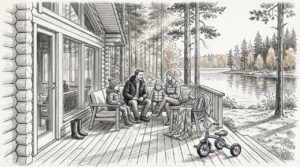 Suomalainen perhe viettämässä aikaa hirsimökin järvenrantaterassilla