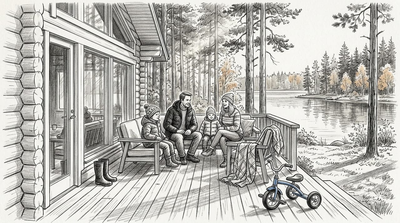 Suomalainen perhe viettämässä aikaa hirsimökin järvenrantaterassilla