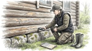 Tarkastaja mittaamassa hirsiseinän kosteutta