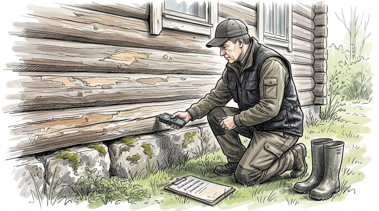 Tarkastaja mittaamassa hirsiseinän kosteutta