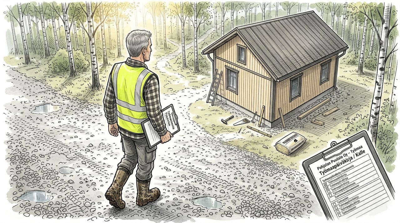 Työmaamestari seisoo puurakenteisen talon vieressä rakennustyömaalla.