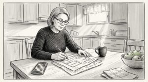 Nainen hahmottelee keittiön pohjaratkaisua kotonaan.