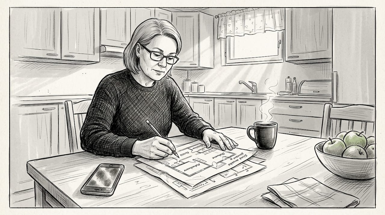 Nainen hahmottelee keittiön pohjaratkaisua kotonaan.