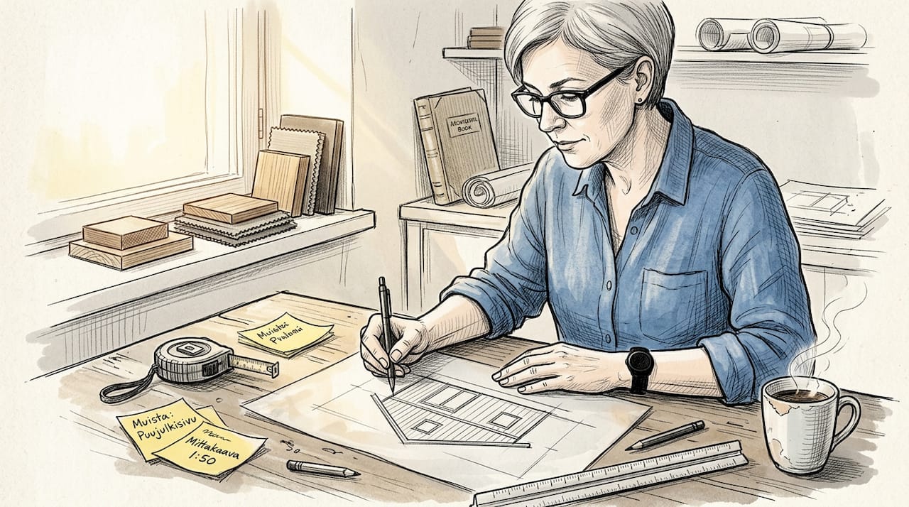 Arkkitehti luonnostelee puutalon suunnitelmaa työpöydän ääressä.