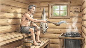 Mies nauttii perinteisen hirsisaunan tunnelmasta.