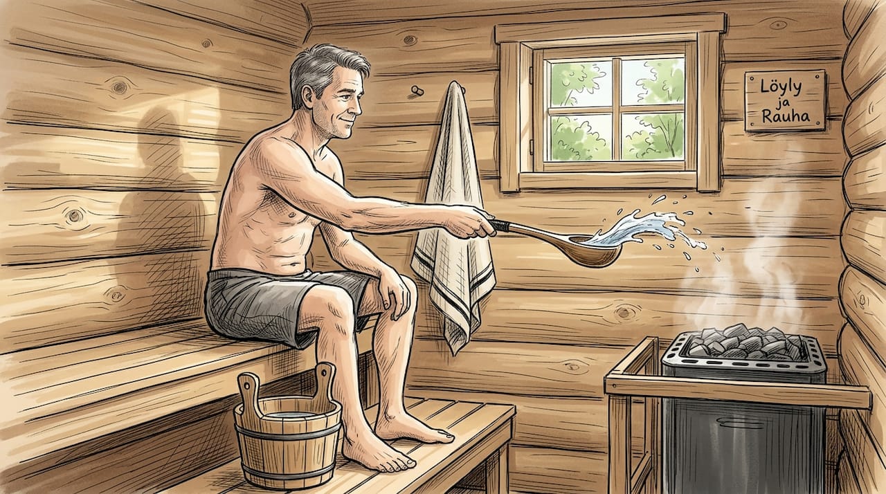 Mies nauttii perinteisen hirsisaunan tunnelmasta.
