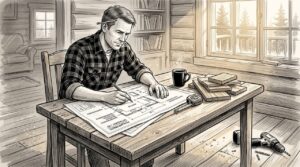 Mies suunnittelee saunan rakentamista piirustusten äärellä.